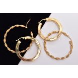 TWO PAIRS OF 9CT GOLD HOOP EARRINGS, the first of twist design, the second with engraved twist