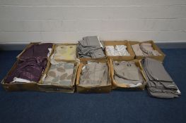 NINE VARIOUS BOXES CONTAINING VARIOUS MODERN EYELET CURTAINS, of various styles and colours,