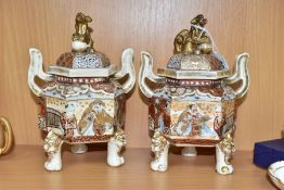 A PAIR OF LATE 19TH/EARLY 20TH CENTURY JAPANESE SATSUMA POTTERY TWIN HANDLED HEXAGONAL VASES AND