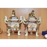 A PAIR OF LATE 19TH/EARLY 20TH CENTURY JAPANESE SATSUMA POTTERY TWIN HANDLED HEXAGONAL VASES AND