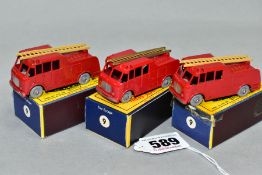 THREE BOXED MATCHBOX 1-75 SERIES A.E.C. MERRYWEATHER MARQUIS FIRE ENGINES, No.9, all with tan