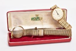 A GENTS 9CT GOLD 'ROAMER' WRISTWATCH, hand wound movement in need of some attention, round champagne