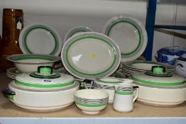 FIFTY PIECES OF ROYAL DOULTON 'RADIANCE' DINNERWARES, Art Deco green and black bands with