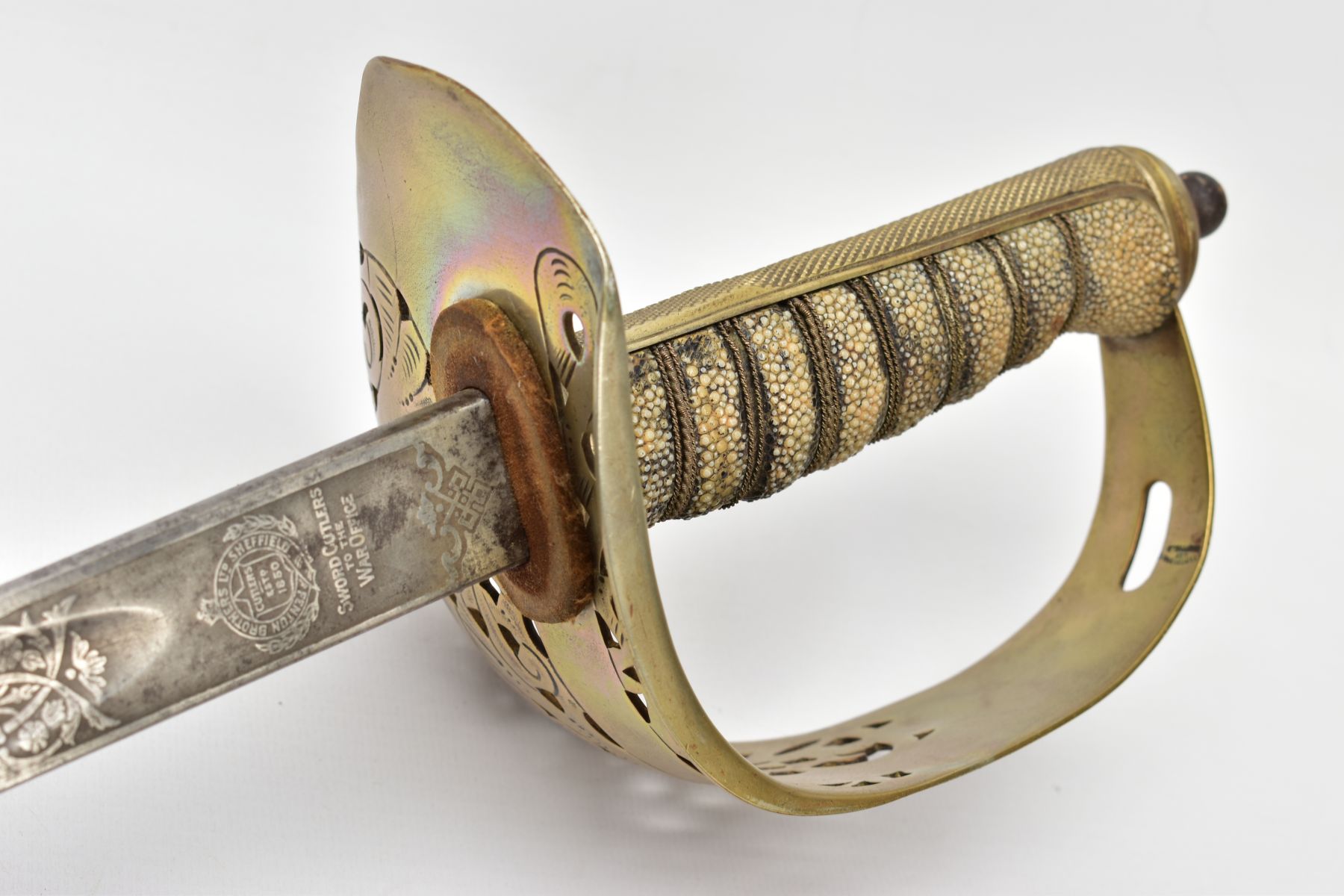 A FENTON BROTHERS LTD, SHEFFIELD 1897 PATTERN INFANTRY OFFICERS SWORD AND SCABBARD, the blade is - Image 14 of 15