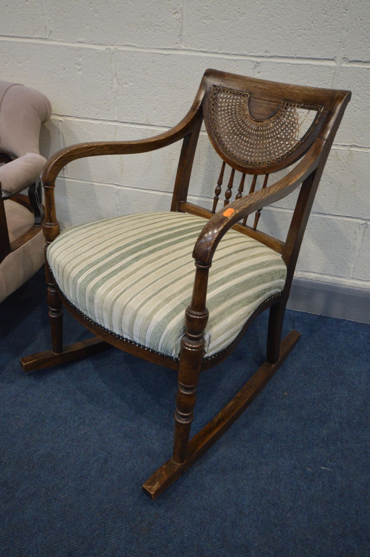 A PAIR OF EDWARDIAN MAHOGANY TUB CHAIRS, with Art Nouveau back, along with a beech bergère rocking - Image 3 of 4