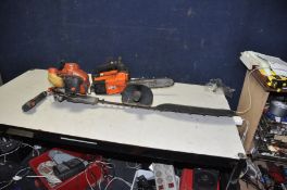 A VINTAGE OLEO-MAC PETROL CHAINSAW with 10in cut and a petrol hedge trimmer with 29in cut (need