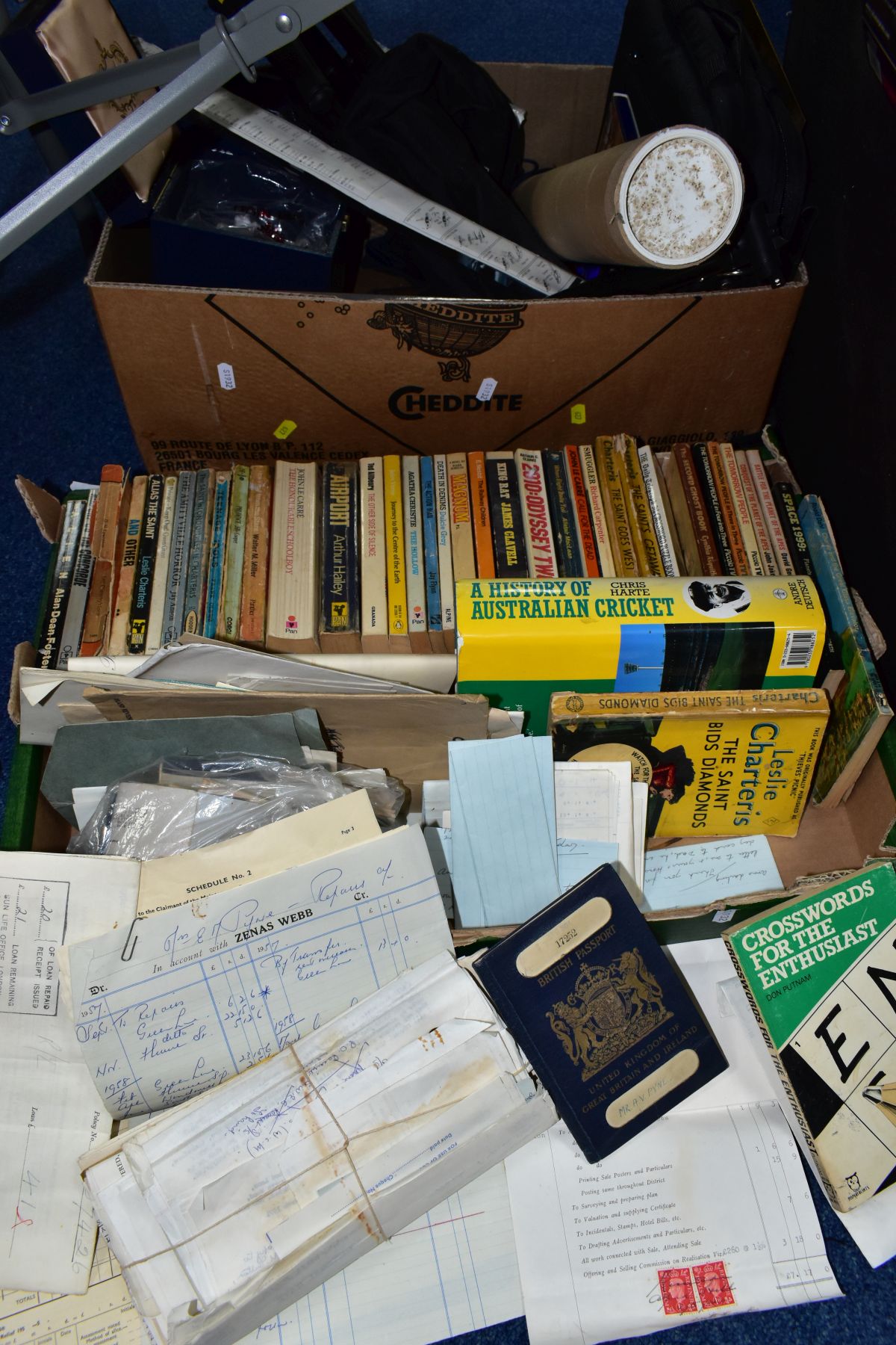 TWO BOXES OF SUNDRY ITEMS, to include Camlink tripod, two empty Royal Crown Derby boxes, a Wilko