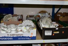 SIX BOXES OF MIXED CERAMICS AND HOUSEHOLD ITEMS to include Beswick three tier 'Ballet' cake stand,