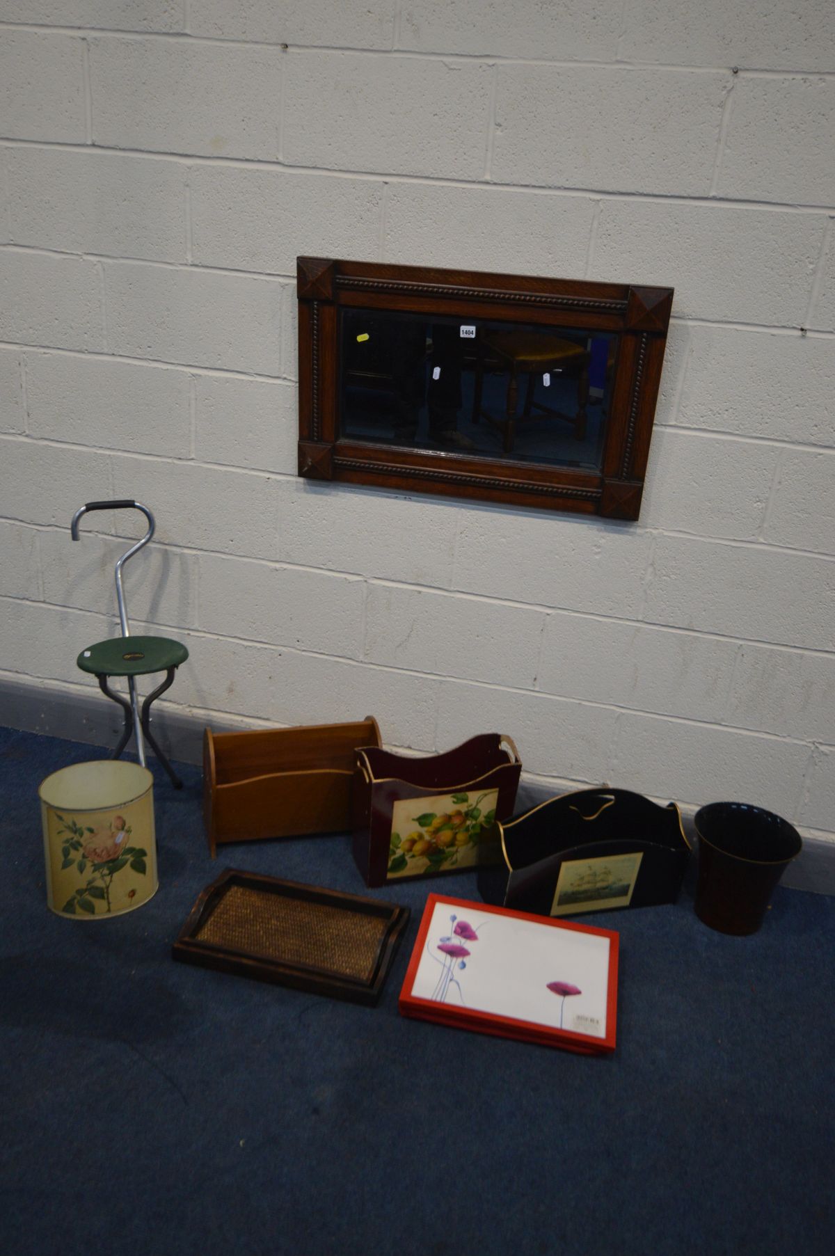 AN EARLY TO MID 20TH CENTURY OAK BEVELLED EDGE WALL MIRROR, 80cm x 50cm, along with various