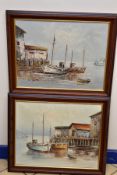 W. JONES (20TH CENTURY) a pair of fishing harbour scenes, signed bottom left and right, oils on