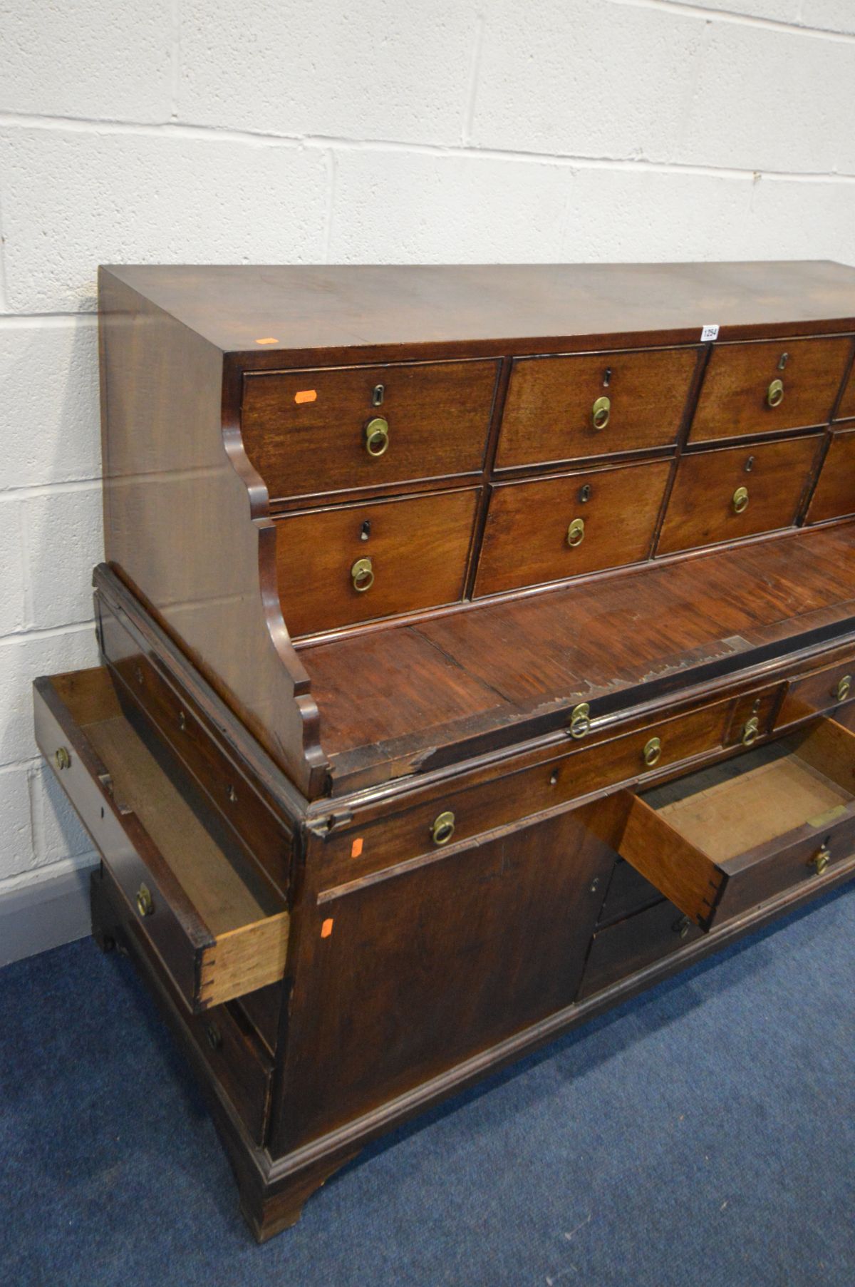 A GEORGIAN AND LATER MAHOGANY DESK, the top section with eight drawers and pull out writing slide, - Image 7 of 10