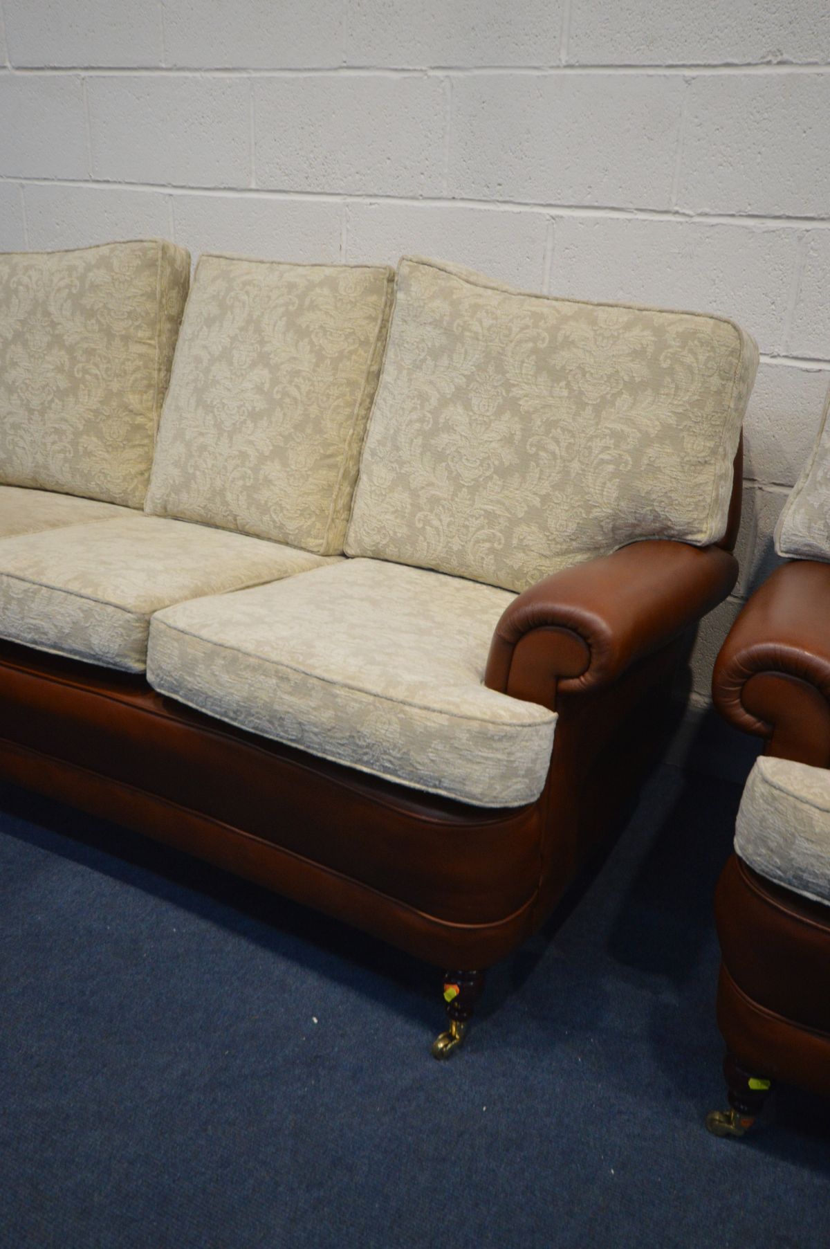 A BROWN LEATHER AND CREAM FABRIC TWO PIECE LOUNGE SUITE, comprising a three seater, length 183cm, - Image 3 of 3