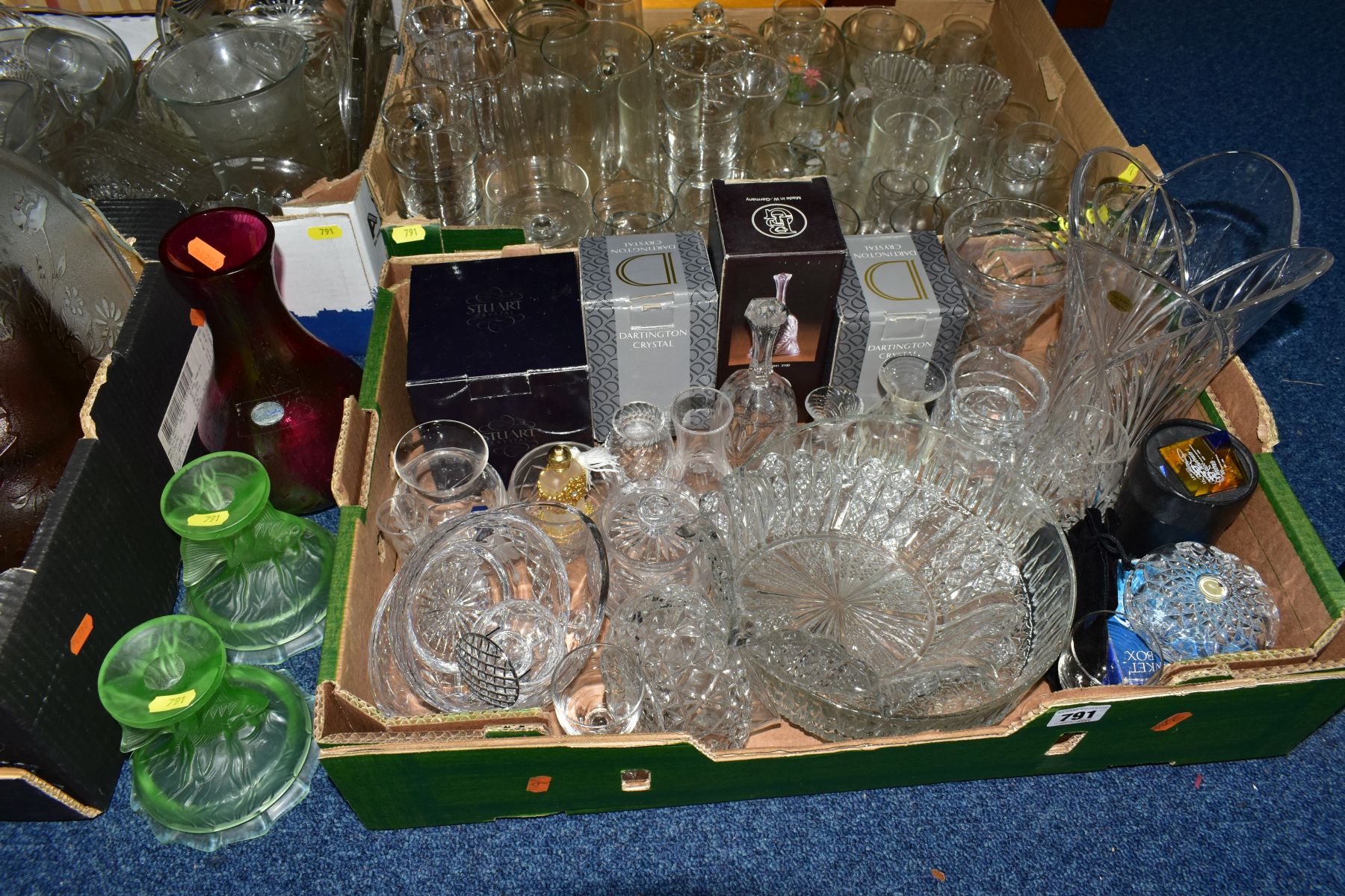 FOUR BOXES AND LOOSE GLASSWARE including coloured pressed moulded dressing table sets, a Royal - Image 2 of 5