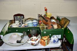 TWO BOXES AND LOOSE CERAMICS, GLASS, METALWARES etc to include a violin and bow, made in China, a