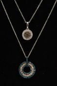 TWO DIAMOND SET PENDANTS, the first of circular outline set with a central line of single cut