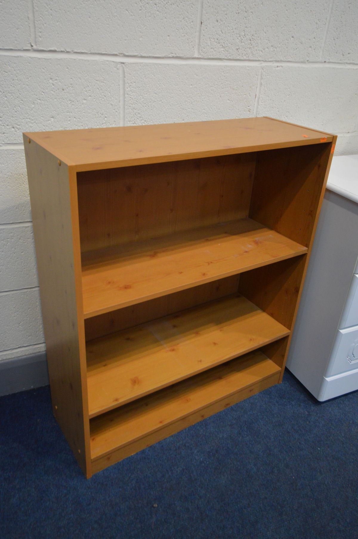 A TALL WHITE CHEST OF FIVE DRAWERS, and a pair of matching three drawer bedside cabinets, beech open - Image 3 of 3