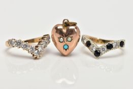 TWO 9CT GOLD GEM SET DRESS RINGS AND A YELLOW METAL HEART LOCKET PENDANT, the first ring of a V-