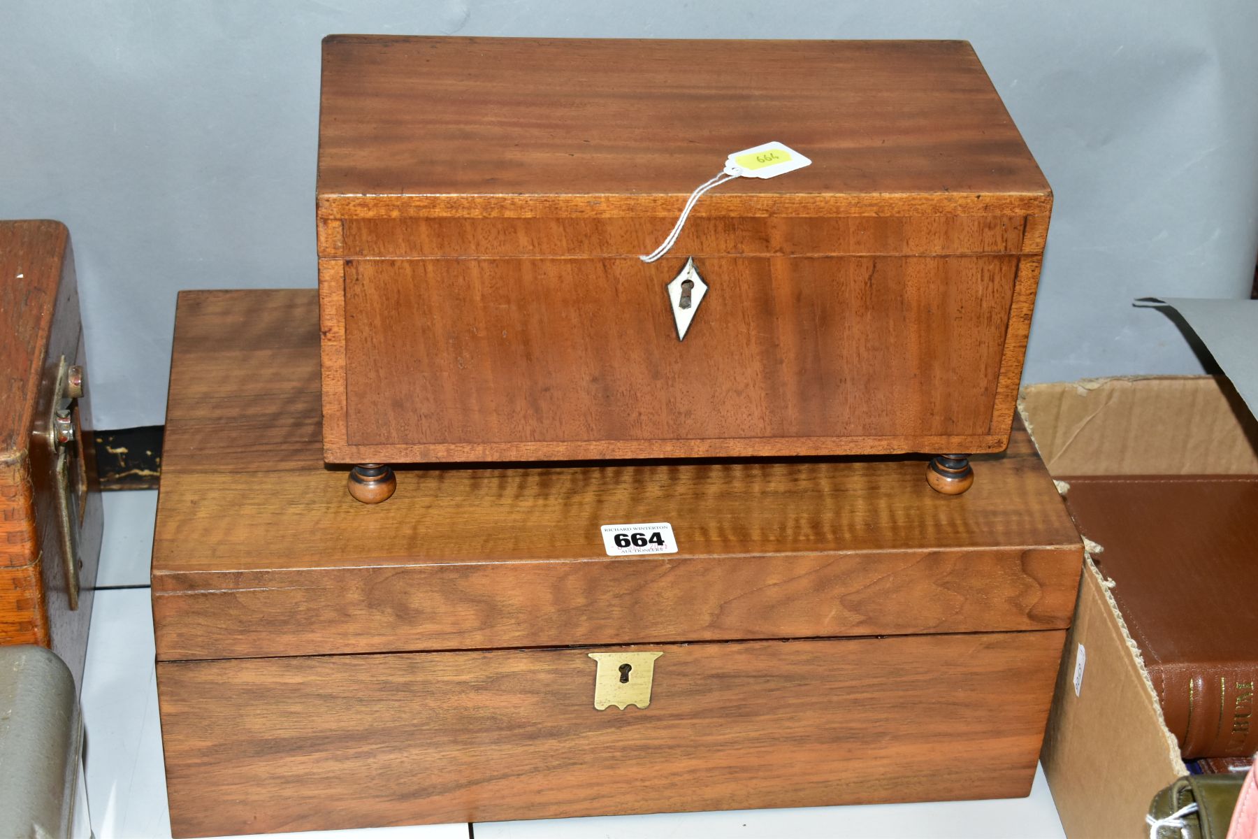 A LATE GEORGIAN MAHOGANY RECTANGULAR BOX AND A VICTORIAN WALNUT WRITING SLOPE, the box with ivory