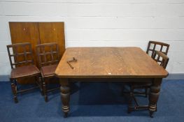 AN EDWARDIAN OAK WIND OUT DINING TABLE, with two additional leaves, extended length 239cm x closed