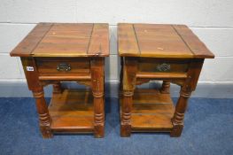 A PAIR OF MANGO WOOD BEDSIDE CABINETS, with two drawers, width 47cm x depth 46cm x height 64cm