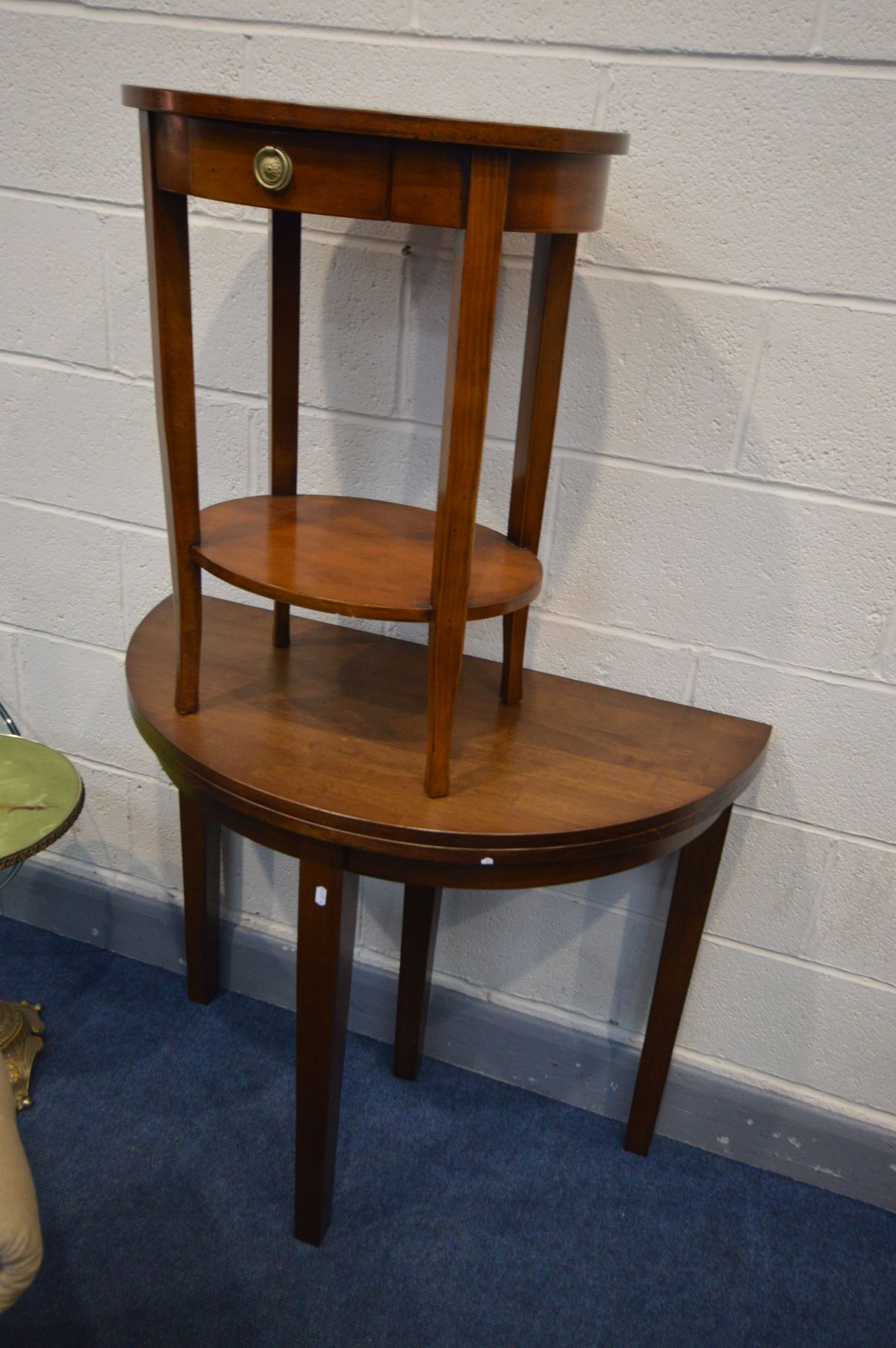 A HARDWOOD DEMI LUNE TABLE, fold over top, a cherrywood oval lamp table, an oval glass coffee - Image 2 of 4