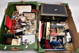 TWO BOXES OF MOSTLY COSTUME JEWELLERY, to include a white metal brooch in the form of a feather