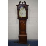 A GEORGE III OAK, CROSSBANDED AND INLAID 30 HOUR LONGCASE CLOCK, the hood with a swan neck pediment,