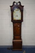 A GEORGE III OAK, CROSSBANDED AND INLAID 30 HOUR LONGCASE CLOCK, the hood with a swan neck pediment,