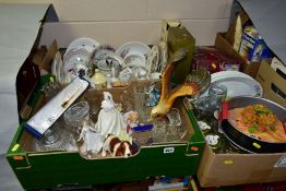 THREE BOXES AND LOOSE CERAMICS, GLASS, KITCHENWARES, JCB PRESENTATION ITEMS etc to include a