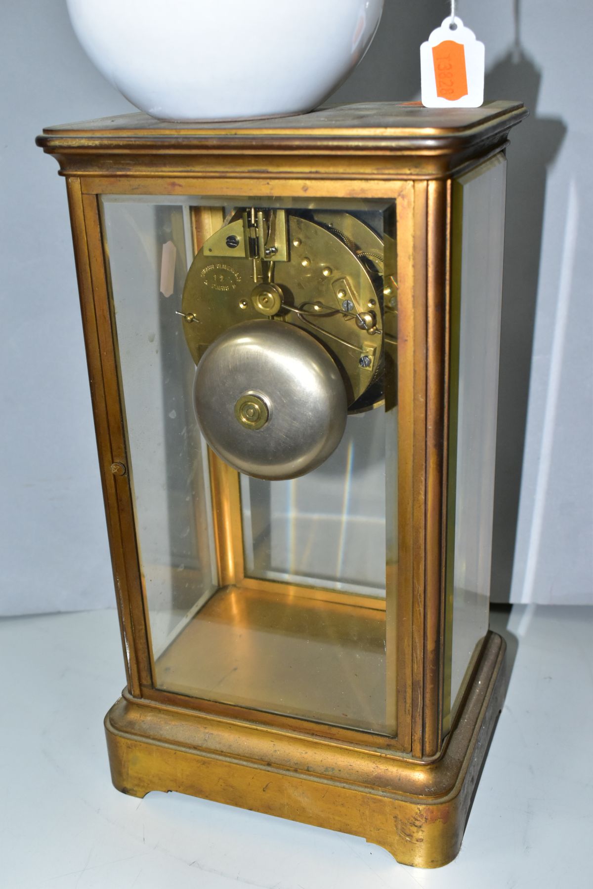 A LATE 19TH CENTURY FRENCH BRASS CASED MANTEL CLOCK OF RECTANGULAR FORM, four glazed panels, white - Image 5 of 8