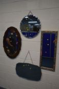 A MID 20TH CENTURY OAK OVAL BEVELLED EDGE MIRROR, along with three other mirrors (4)