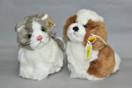 TWO UNBOXED MODERN STEIFF SOFT TOYS, grey and white plush Cat, No. 2926/16 and brown and white