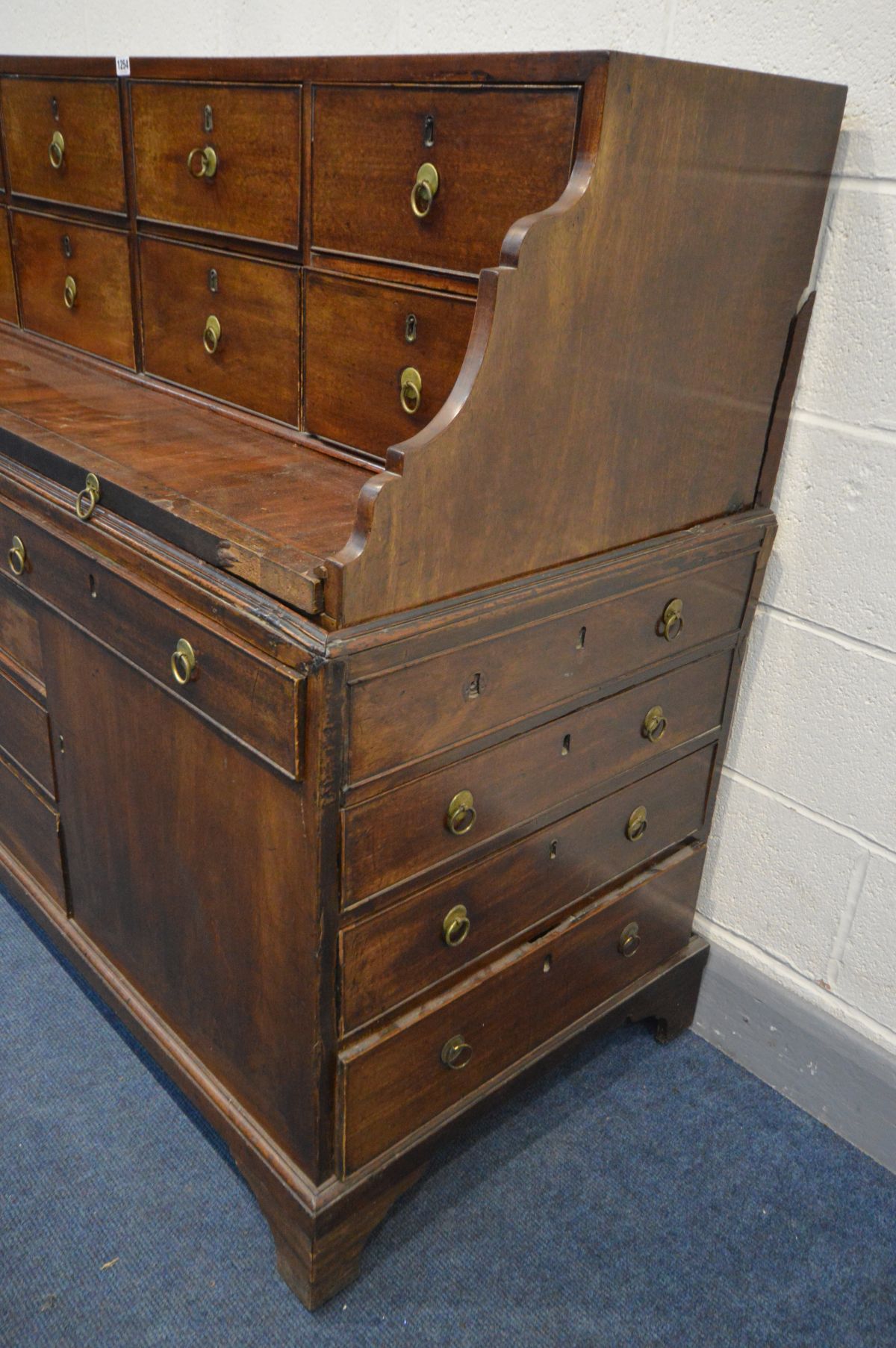 A GEORGIAN AND LATER MAHOGANY DESK, the top section with eight drawers and pull out writing slide, - Image 3 of 10