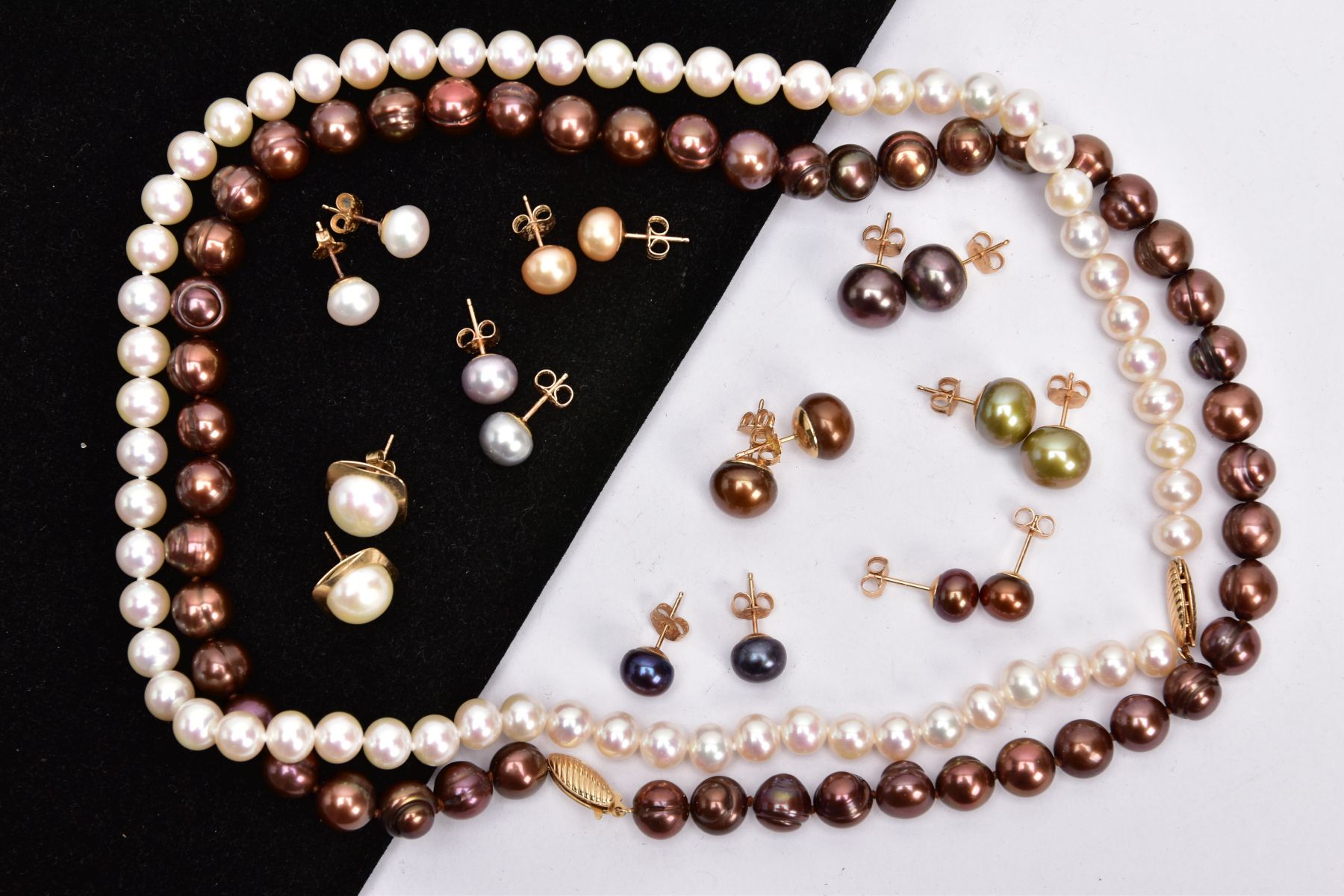 TWO CULTURED PEARL NECKLACES AND NINE PAIRS OF CULTURED PEARL EARRINGS, the first necklace
