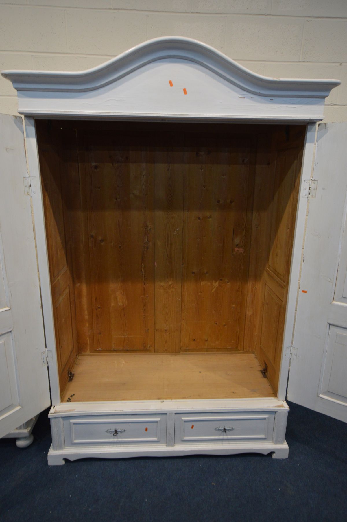 A PINE PANELLED TWO DOOR ARMOIRE, later painted white, above two drawers, width 140cm x depth 67cm x - Image 3 of 4