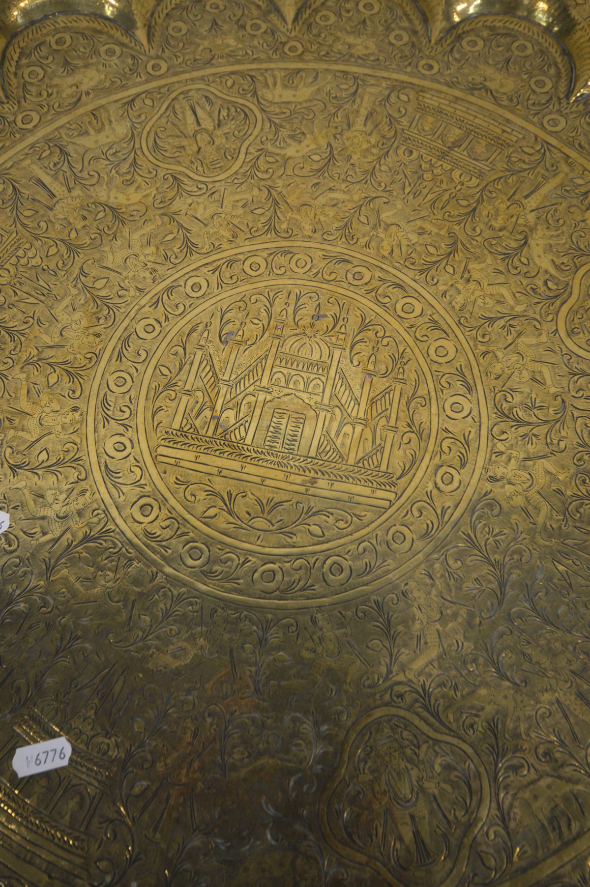 AN ANGLO-INDIAN BRASS TOP TABLE, depicting the Taj Mahal, on a folding Moorish style base, - Image 3 of 4