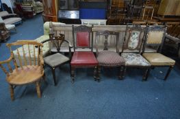 SIX VARIOUS PERIOD CHAIRS, to include a beech spindled armchair with a circular sear, an Edwardian