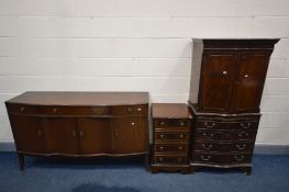 A MAHOGANY SIDEBOARD with three drawers above four cupboard doors, together with a mahogany hi-fi