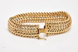 A 9CT GOLD WHEAT CHAIN BRACELET, wide bracelet width 10.1mm, fitted with an integrated box clasp,