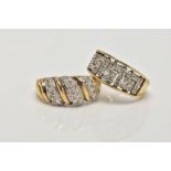 TWO 9CT GOLD DIAMOND SET RINGS, the first a tapered wide band ring with diamond set Greek key