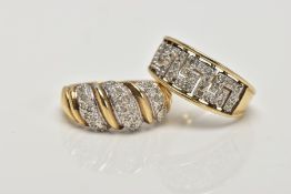 TWO 9CT GOLD DIAMOND SET RINGS, the first a tapered wide band ring with diamond set Greek key