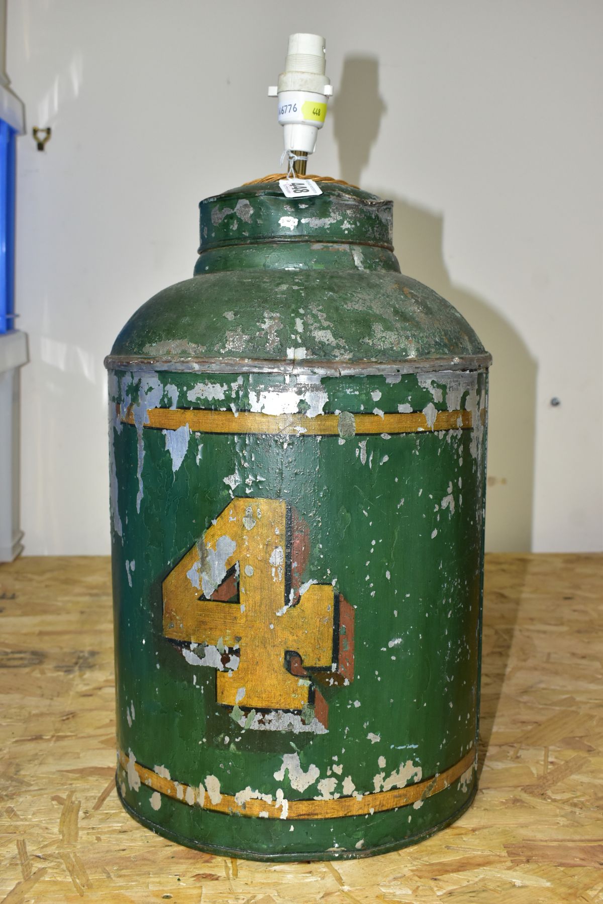 EARLY 20TH CENTURY TOLEWARE TEA CANNISTER COVERTED INTO A LAMP, approximate height 54cm, has