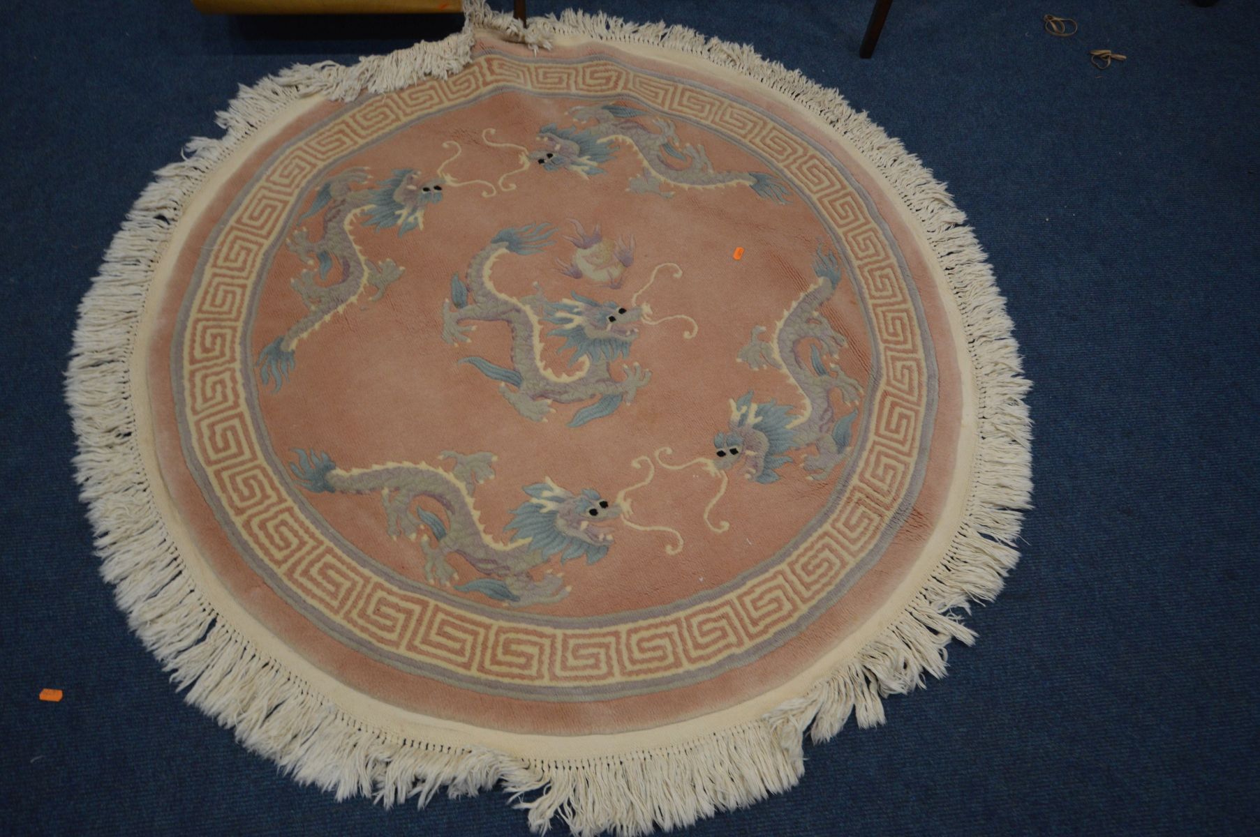 A WOOLLEN CHINESE PINK CIRCULAR RUG, diameter 127cm along with a folding bridge table, a bloom - Image 2 of 2