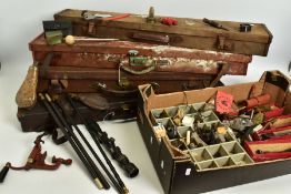 FOUR VINTAGE CANVAS GUN CASES AND A BOX OF GUN CLEANING AND OTHER SHOOTING RELATED ACCESSORIES,