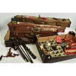 FOUR VINTAGE CANVAS GUN CASES AND A BOX OF GUN CLEANING AND OTHER SHOOTING RELATED ACCESSORIES,