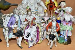 SEVEN LATE 19TH AND 20TH CENTURY CONTINENTAL PORCELAIN FIGURES, comprising a box and cover in the