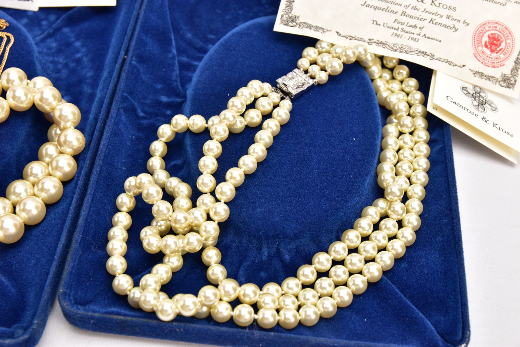 THREE PIECES OF 'JACQELINE BOUVIER KENNEDY' JEWELLERY, the first a boxed three strand imitation - Image 6 of 6