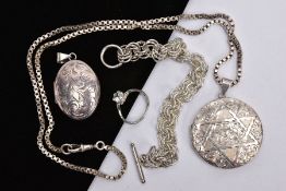 TWO SILVER LOCKETS, A CHAIN AND A WHITE METAL RING AND BRACELET, the first locket of a circular