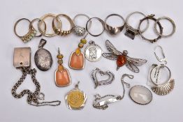 A SELECTION OF SILVER AND WHITE METAL JEWELLERY, to include ten rings, a pair of gem set drop