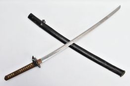 A WW2 PERIOD IMPERIAL JAPANESE SAMURAI SWORD complete with wooden and black leather scabbard, the